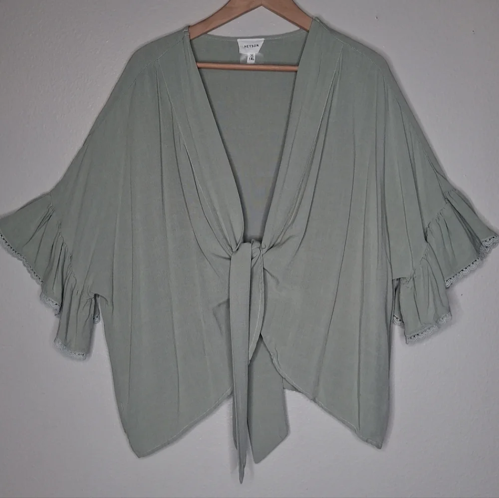 Heyson Women's Kimono Blouse Cover Up Top Boho Boxy Lagenlook Sage Green 1XL